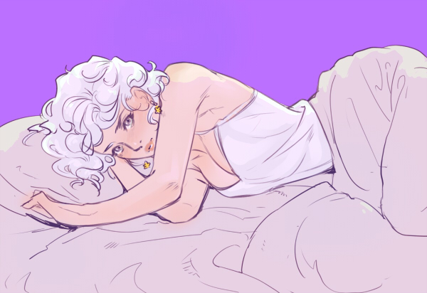 1girl bed breasts cleavage earrings jewelry lips lipstick looking_at_viewer lying makeup nakama_yasukata on_side original pillow silver_hair solo star star_earrings violet_eyes
