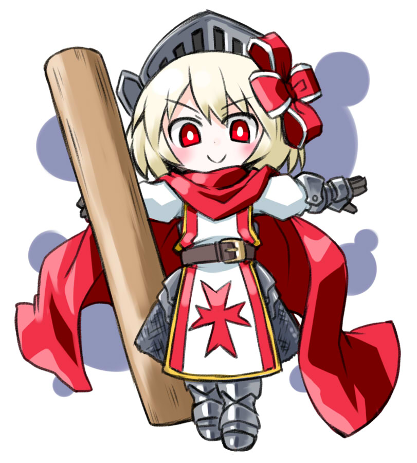 1girl armor blonde_hair cape commentary full_armor gauntlets gloves hair_ribbon helmet knight kugelschreiber outstretched_arms red_eyes ribbon rumia short_hair smile solo touhou