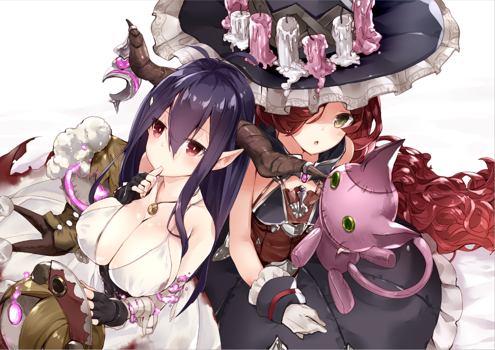 218 2girls anna_(granblue_fantasy) antenna_hair bandaged_arm bandages black_gloves blush breasts candle chestnut_mouth cleavage corset crescent danua doll dress eyebrows eyebrows_visible_through_hair fingerless_gloves from_above gem gloves glowing granblue_fantasy hair_between_eyes hair_over_one_eye hat horn_ornament horns jewelry large_breasts long_hair multiple_girls one_eye_covered pendant pointy_ears purple_hair red_eyes redhead sleeveless sleeveless_dress stuffed_animal stuffed_cat stuffed_toy thumb_sucking very_long_hair white_background white_dress white_gloves witch_hat wrist_cuffs yellow_eyes