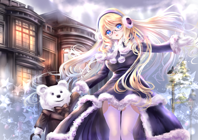 1girl :o bangs bear black-framed_glasses black_eyes blonde_hair blue_eyes blush bowtie brown_hat brown_jacket building cane capelet clouds cloudy_sky coat earmuffs fir_tree floating_hair formal fur-trimmed_coat fur_trim garter_straps glasses gloves gorua_(youce01) hat head_tilt holding_hands lamppost legs light long_hair long_sleeves looking_at_viewer magic mini_top_hat original outdoors outstretched_arm pom_pom_(clothes) purple_coat semi-rimless_glasses sky smile standing star suit thigh-highs top_hat under-rim_glasses very_long_hair white_fur white_gloves white_legwear window winter_clothes winter_coat