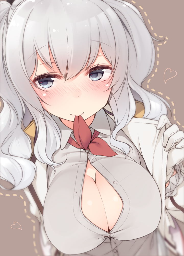 1girl blurry breasts bursting_breasts cleavage depth_of_field dotted_line dress_shirt gloves grey_eyes grey_hair heart jacket kantai_collection kashima_(kantai_collection) kerchief large_breasts looking_at_viewer military military_uniform mouth_hold nekoume open_clothes open_jacket shirt sidelocks smile solo uniform wavy_hair white_gloves