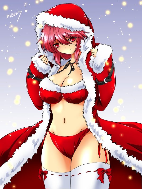 1girl bikini breasts christmas cleavage cloak fur_trim head_tilt heart hood large_breasts looking_at_viewer midriff navel nekominase pink_eyes pink_hair saigyouji_yuyuko short_hair side-tie_bikini smile solo swimsuit thigh-highs touhou white_legwear