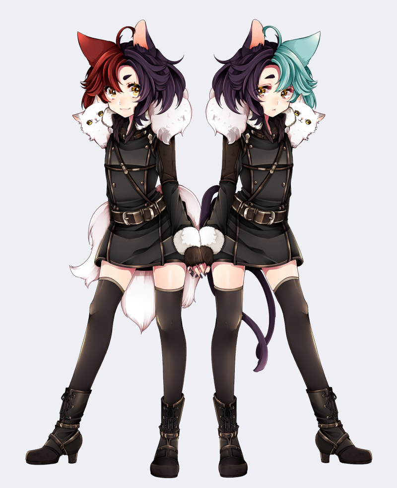 2girls ahoge animal animal_ears animal_on_shoulder aqua_hair bangs belt black_boots black_dress black_gloves black_hair black_legwear black_nails blue_hair boots buckle cat cat_ears cat_on_shoulder cat_tail character_request copyright_request cross-laced_footwear dress fingerless_gloves full_body fur_trim gloves grey_background high_heel_boots high_heels holding_hands legs_apart long_sleeves looking_at_viewer matching_outfit multicolored_hair multiple_girls multiple_tails nail_polish redhead short_dress side-by-side simple_background skirt smile standing tail thigh-highs two-tone_hair yellow_eyes zettai_ryouiki