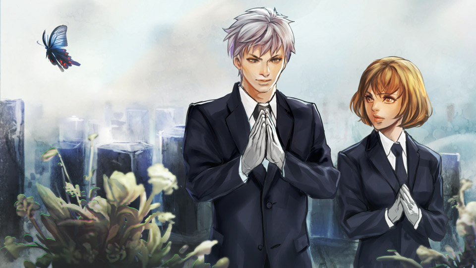 1boy 1girl brown_eyes brown_hair butterfly commentary_request formal gloves graveyard hands_clasped lips nakama_yasukata necktie nose original praying reverse_trap short_hair silver_hair suit white_gloves