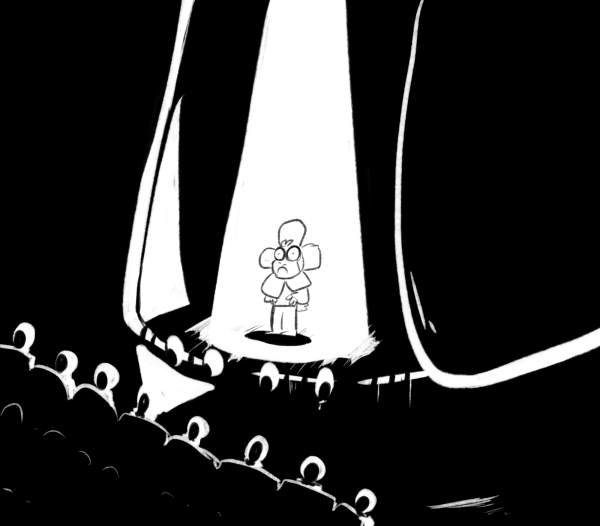 1boy asriel_dreemurr comic commentary costume crowd crowded flower_costume koalacola monochrome monster_boy scared spoilers spotlight stage stage_curtains stage_lights sweating_profusely undertale what_if wide-eyed