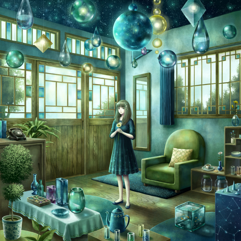 1girl blue_dress bottle brown_hair chair constellation cup dress fish fish_tank flower galaxy glass hair_flower hair_ornament holding holding_flower indoors jar kazami_(kuroro) long_hair looking_at_viewer mirror original phone pillow plant potted_plant rug saucer scenery slippers solo table tablecloth teacup teapot vase window