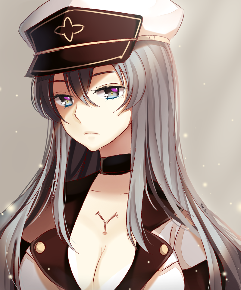 1girl akame_ga_kill! breasts cleavage esdeath hat large_breasts long_hair looking_at_viewer peaked_cap silver_background silver_hair simple_background solo yumyum