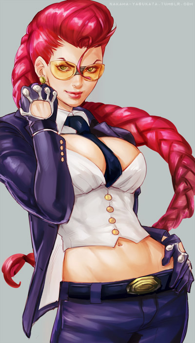 1girl belt belt_buckle between_breasts black_gloves braid breasts clenched_hand coat crimson_viper earrings gloves hand_on_hip jewelry large_breasts lips lipstick long_hair makeup making_of midriff nakama_yasukata navel necktie necktie_between_breasts nose open_clothes open_coat pompadour redhead shooting_glasses single_braid solo street_fighter street_fighter_iv underbust