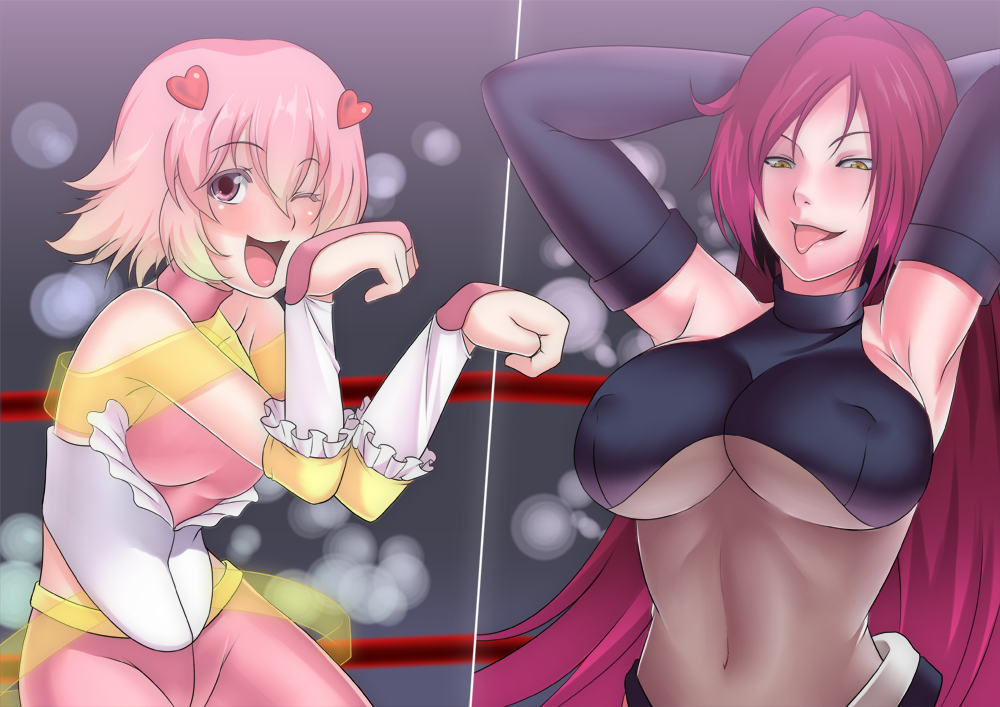 2girls armpits arms_behind_head arms_up blush borrowed_character breasts commentary_request cross-section elbow_gloves gloves hair_ornament heart_hair_ornament kupala large_breasts looking_at_viewer multiple_girls one_eye_closed original paw_pose pixiv_wrestling_association smile tongue tongue_out wrestling_outfit wrestling_ring