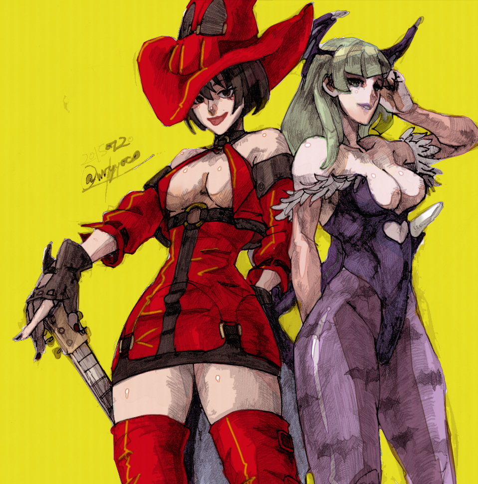 2girls :p bare_shoulders bat_print black_hair boots breasts bridal_gauntlets choker cleavage crossover demon_girl detached_sleeves dress elbow_gloves electric_guitar fingerless_gloves gloves green_eyes green_hair guilty_gear guitar hat head_wings i-no instrument large_breasts leotard lipstick long_hair low_wings makeup morrigan_aensland multiple_girls nail_polish oko_(ocotaros) pantyhose print_legwear purple_legwear red_eyes red_legwear short_dress short_hair smile succubus thigh-highs thigh_boots tongue tongue_out vampire_(game) wings yellow_background