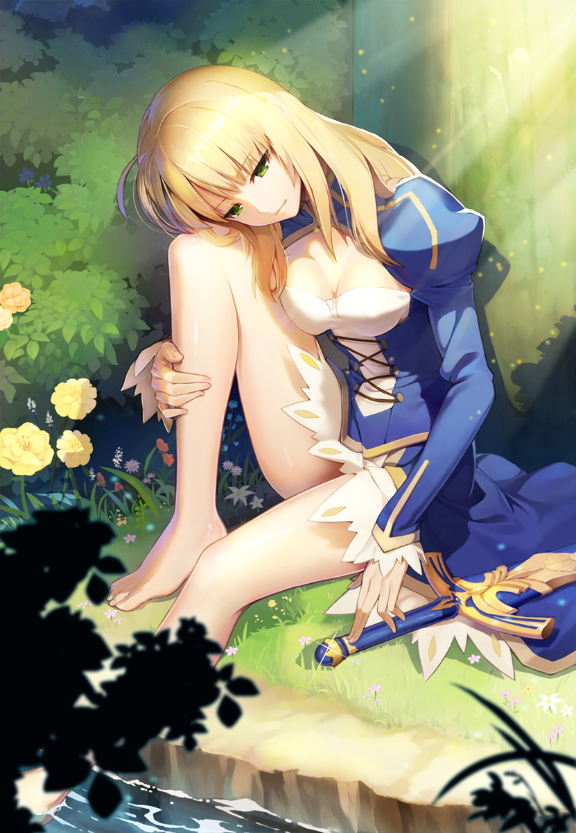 1girl ahoge bare_legs barefoot blonde_hair blue_dress breasts cleavage cleavage_cutout dress excalibur fate/stay_night fate_(series) green_eyes highres leg_hug long_hair long_sleeves puffy_sleeves saber sitting solo sword vmax-ver weapon