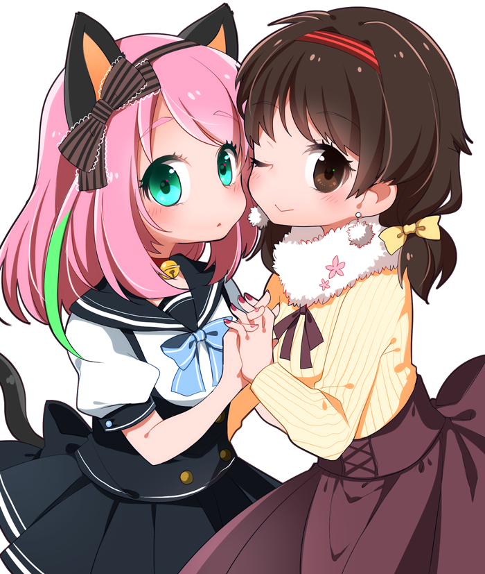 2girls ;&gt; animal_ears aqua_eyes bangs bell bell_choker blue_bowtie blush bow brown_hair brown_ribbon brown_skirt buttons cat_ears cat_tail choker closed_mouth collar cross-laced_clothes earrings eyebrows eyebrows_visible_through_hair fur_collar giri_(umetororo) gloves green_hair hair_bow hair_intakes hairband hashimoto_nyan head_to_head holding_hands interlocked_fingers jewelry long_sleeves looking_at_viewer multicolored_hair multiple_girls nail_polish neck_ribbon one_eye_closed osomatsu-kun osomatsu-san paw_gloves pink_hair pink_nails puffy_short_sleeves puffy_sleeves red_nails ribbed_shirt ribbon sailor_collar shirt short_sleeves short_twintails simple_background skirt smile striped striped_bow swept_bangs symmetrical_hand_pose symmetrical_pose tail totoko_(osomatsu-kun) turtleneck twintails underbust white_background white_shirt yellow_bow