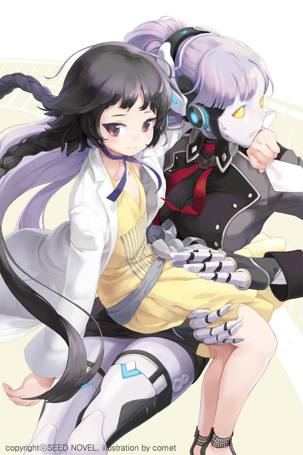 1girl android black_hair braid character_request choker comet_(teamon) dress labcoat long_hair looking_at_viewer purple_hair revenge_&amp;_lady smile twin_braids yellow_dress