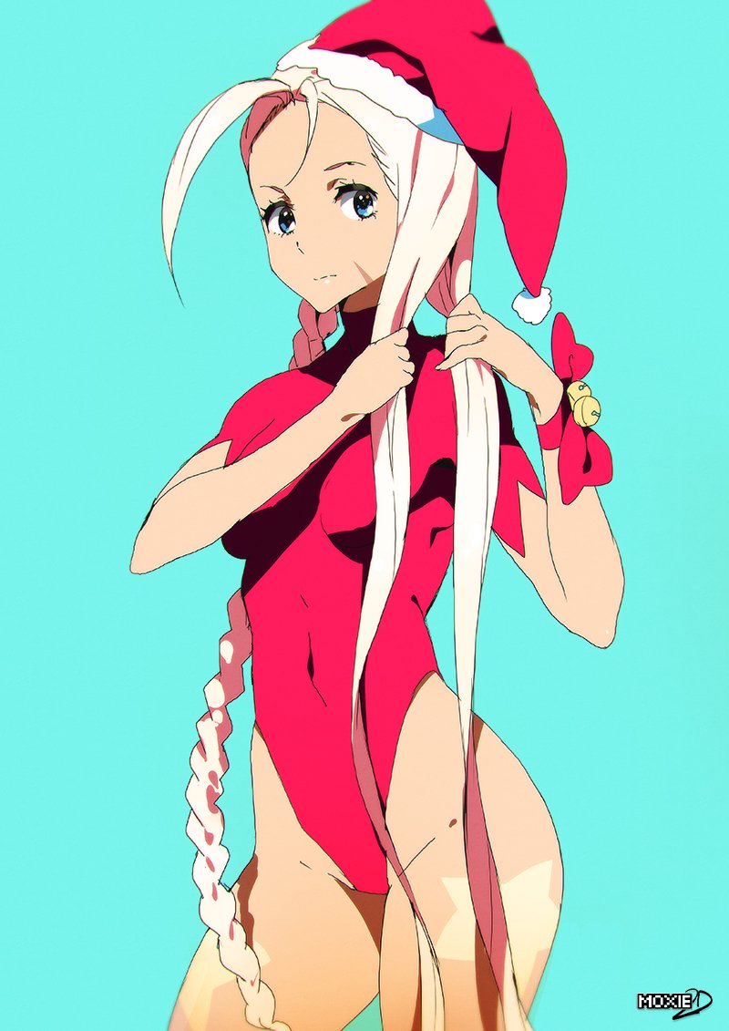 1girl adjusting_hair blonde_hair blue_eyes braid cammy_white covered_navel hat moxie2d santa_hat solo street_fighter