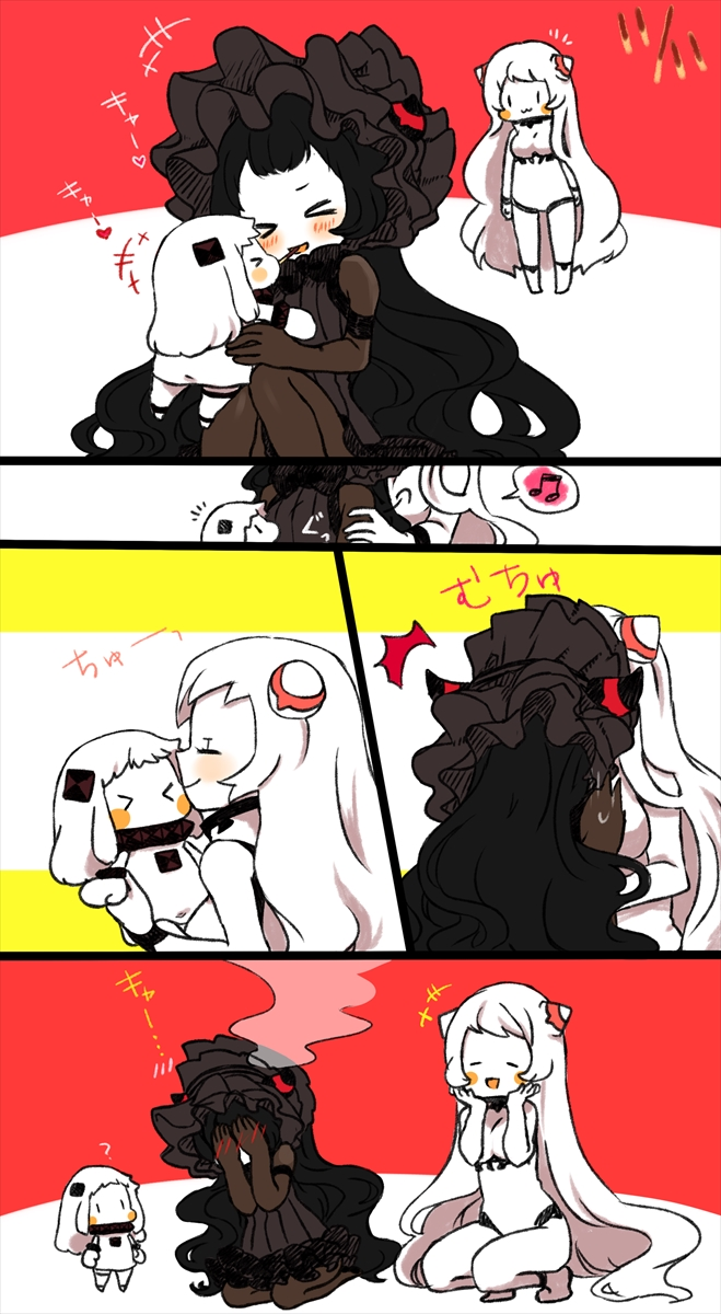 &gt;_&lt; +++ /\/\/\ 3girls 3koma :3 ? airfield_hime black_hair blush blush_stickers cheek_kiss closed_eyes comic covering_face dress food_in_mouth frilled_dress frills gothic_lolita heart highres horns isolated_island_oni kantai_collection kiss kobone lolita_fashion long_hair mittens mouth_hold multiple_girls musical_note northern_ocean_hime open_mouth pantyhose pocky pocky_day pocky_kiss shared_food shinkaisei-kan spoken_musical_note white_hair yuri