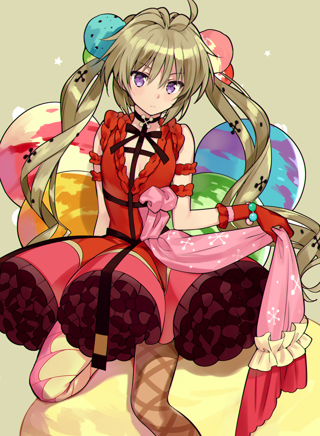 1girl ahoge arm_garter bangs blonde_hair bracelet choker dress expressionless food food_themed_clothes food_themed_ornament frilled_dress frills frown gloves hair_ornament ice_cream jewelry light_brown_hair long_hair looking_at_viewer mismatched_legwear ninomoto one_knee original pantyhose petticoat pink_eyes red_dress red_gloves ribbon shawl sleeveless sleeveless_dress solo twintails very_long_hair violet_eyes