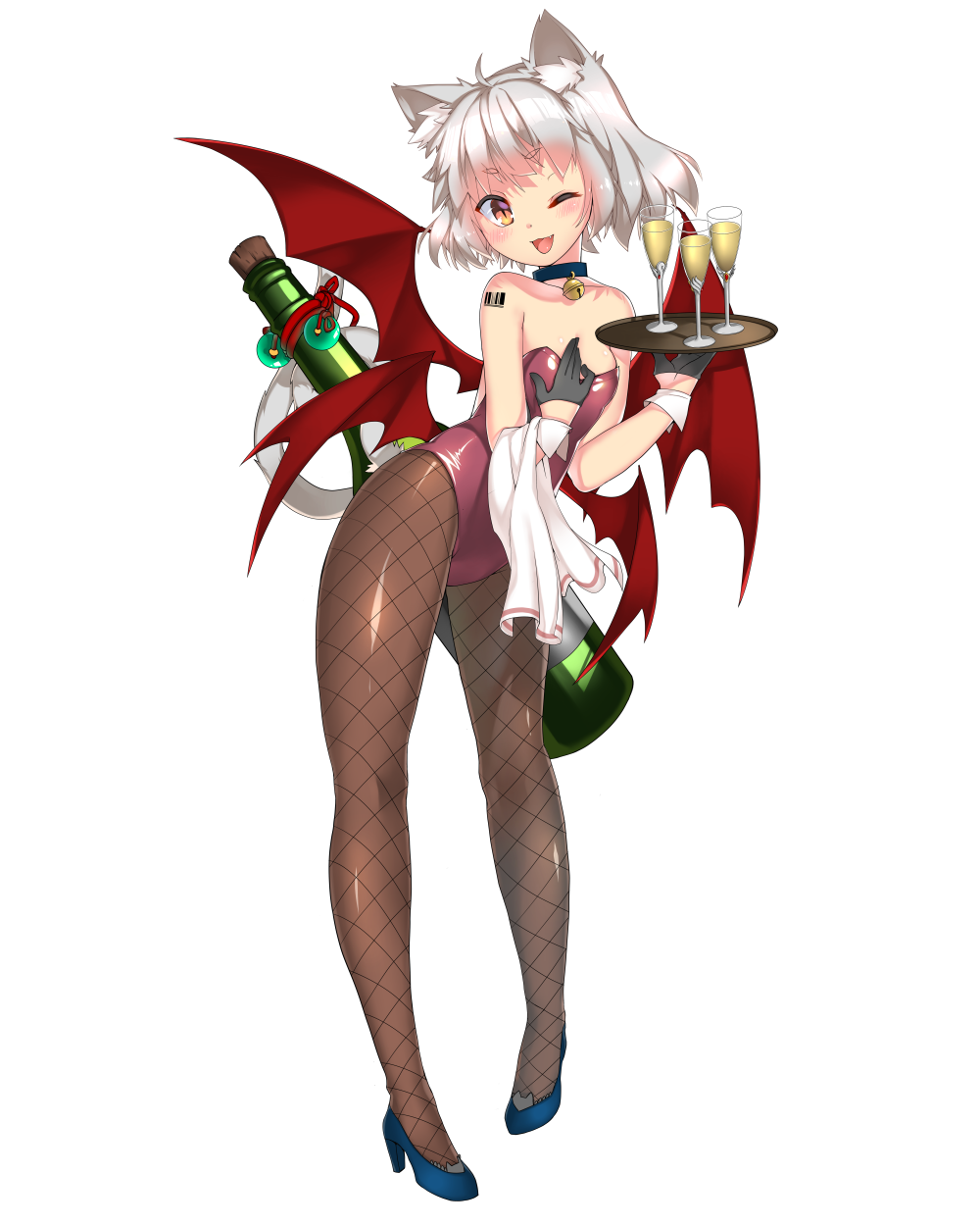 1girl ;d alcohol animal_ears bare_shoulders bat_wings beads bell black_gloves black_legwear blue_shoes blush cat_ears cat_tail champagne choker cloth collarbone cork drink fang fishnet_pantyhose fishnets fujidouyuu full_body glass gloves hand_on_own_chest head_tilt high_heels highres holding jingle_bell leotard looking_at_viewer low_wings multiple_wings one_eye_closed open_mouth original pantyhose red_ribbon ribbon shoes short_hair silver_hair slit_pupils smile solo tail tail_hold tray wings wrist_cuffs yellow_eyes