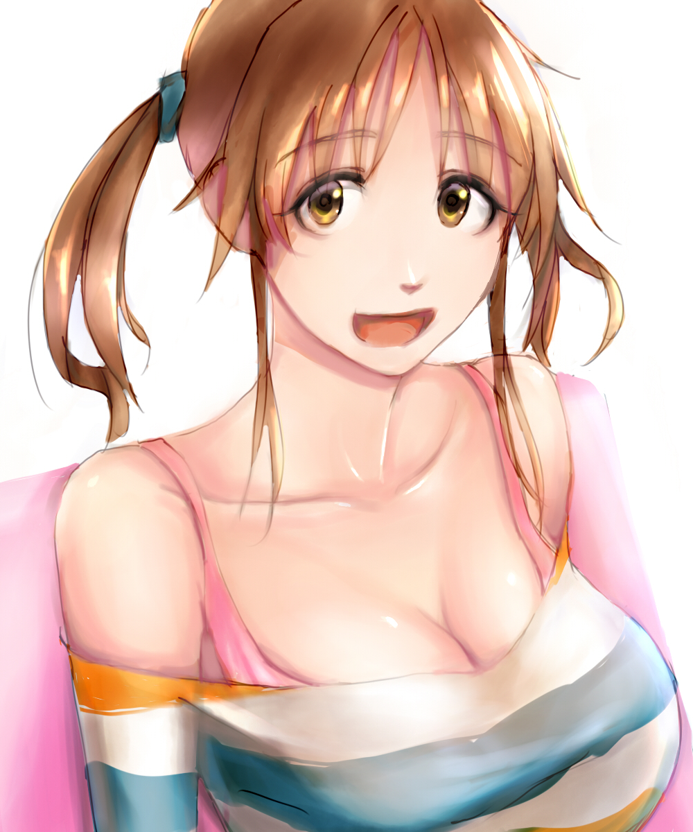 1girl breasts brown_eyes brown_hair bump_(bump321) cleavage highres idolmaster idolmaster_cinderella_girls looking_at_viewer open_mouth smile solo totoki_airi twintails