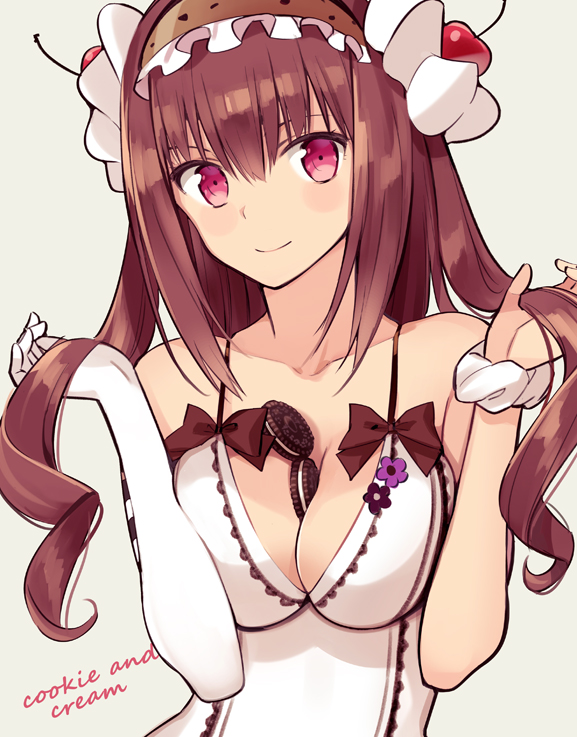 1girl between_breasts bow breasts brown_hair cherry cherry_hair_ornament cleavage cookie dress food food_as_clothes food_themed_clothes food_themed_ornament frills fruit hair_ornament hairband holding_hair large_breasts long_hair ninomoto oreo original red_eyes scrunchie single_elbow_glove smile solo two_side_up white_dress wrist_scrunchie