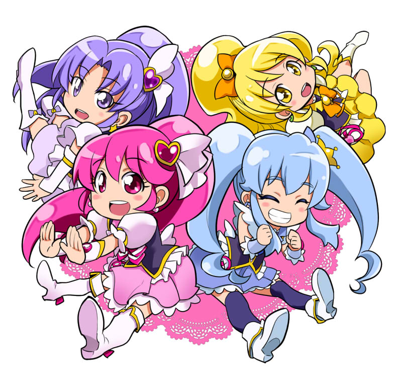 4girls aino_megumi arm_warmers black_legwear blonde_hair blue_hair blue_skirt boots bow closed_eyes crown cure_fortune cure_honey cure_lovely cure_princess frills grin hair_bow hair_ornament hair_ribbon happinesscharge_precure! heart_hair_ornament hikawa_iona knee_boots long_hair magical_girl mini_crown multiple_girls no_nose oomori_yuuko orange_bow osusitan pink_eyes pink_hair pink_skirt ponytail precure purple_hair purple_skirt ribbon shirayuki_hime shoes skirt smile thigh-highs thigh_boots twintails violet_eyes white_boots white_shoes wrist_cuffs yellow_eyes yellow_skirt