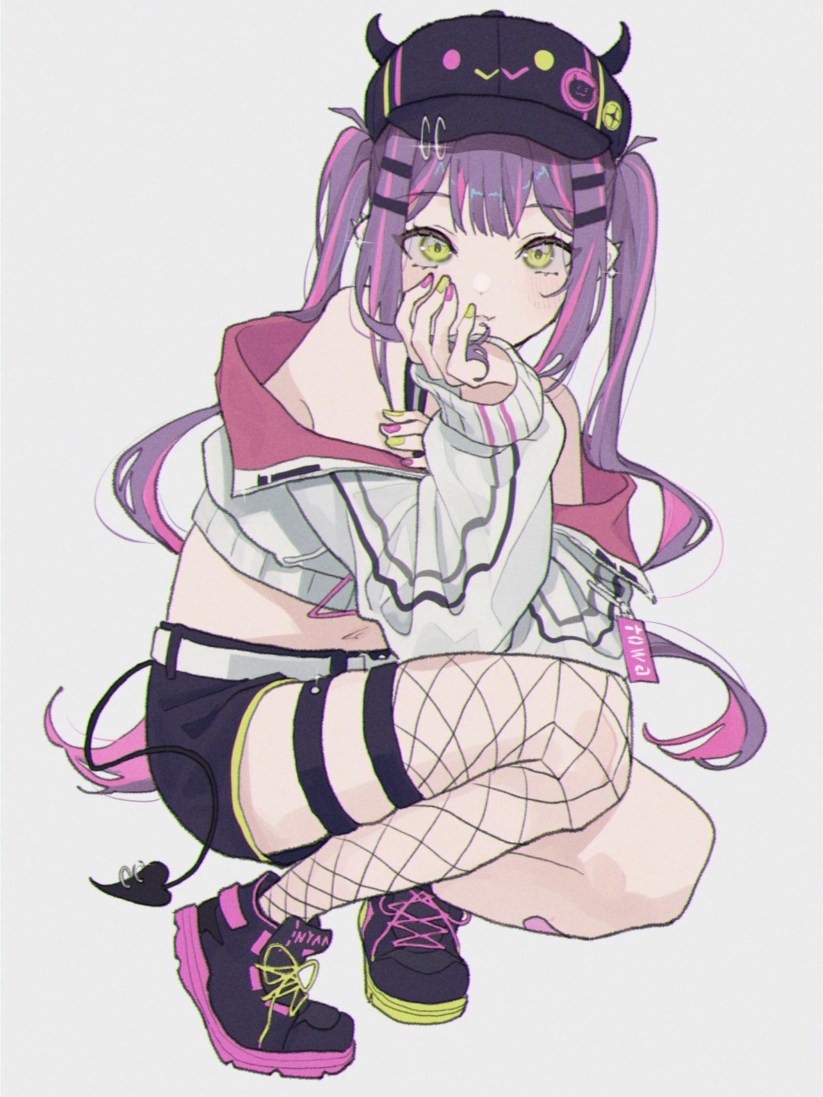 1girl bandaid bandaid_on_leg baseball_cap belt bibi_(tokoyami_towa) black_footwear black_shorts black_tank_top blush closed_mouth commentary cropped_jacket cross-laced_footwear demon_tail ear_piercing eyebrows_visible_through_hair fang fishnet_legwear fishnets full_body glint green_eyes green_nails grey_background hair_ornament hairclip hand_on_own_chin hat head_rest highres hololive horned_headwear jacket long_hair long_sleeves looking_at_viewer midriff multicolored multicolored_hair multicolored_nails mumu_(04ilvw9fnr91k5j) nail_polish navel off_shoulder piercing pink_hair purple_hair purple_nails shoes short_shorts shorts simple_background single_thighhigh skin_fang smile sneakers solo squatting streaked_hair tail tail_ornament tail_piercing tank_top thigh-highs thigh_strap tokoyami_towa twintails two-tone_hair virtual_youtuber white_belt white_jacket