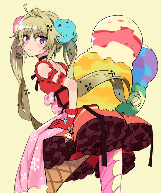 1girl ahoge arm_garter blonde_hair bracelet choker dress food food_themed_clothes food_themed_ornament frilled_dress frills frown gloves hair_ornament hand_on_hip ice_cream jewelry long_hair looking_at_viewer looking_back mismatched_legwear ninomoto original pantyhose petticoat pink_eyes red_dress red_gloves ribbon solo twintails very_long_hair