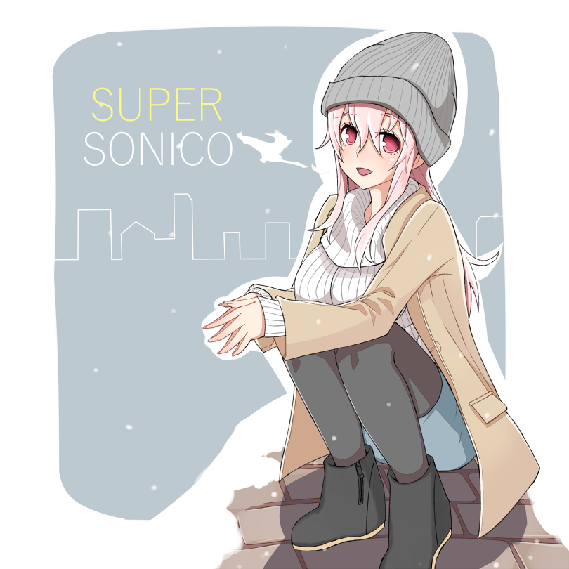 1girl beanie blush breasts commentary_request eire_(sai_fuji) hat jacket large_breasts long_hair looking_at_viewer nitroplus open_mouth pantyhose pink_eyes pink_hair ribbed_sweater smile solo squatting super_sonico sweater thigh-highs winter_clothes