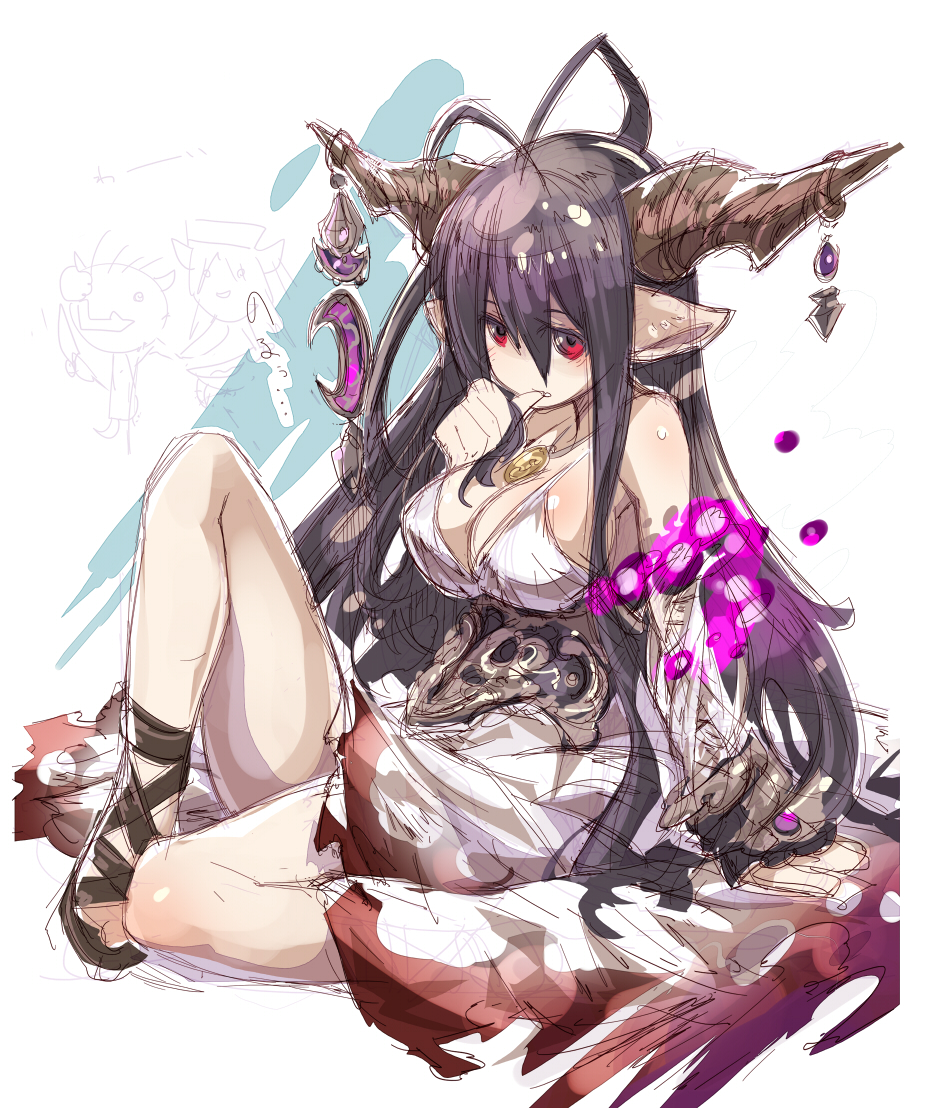 1girl antenna_hair black_gloves blood blood_stain bloody_clothes bloody_dress breasts cleavage crescent danua doraf dress finger_to_mouth fingerless_gloves gloves granblue_fantasy gretel_(granblue_fantasy) haku_(sabosoda) hansel_(granblue_fantasy) horn_ornament horns jewelry large_breasts long_hair necklace pointy_ears purple_hair red_eyes sitting sketch solo thumb_sucking torn_clothes torn_dress white_dress