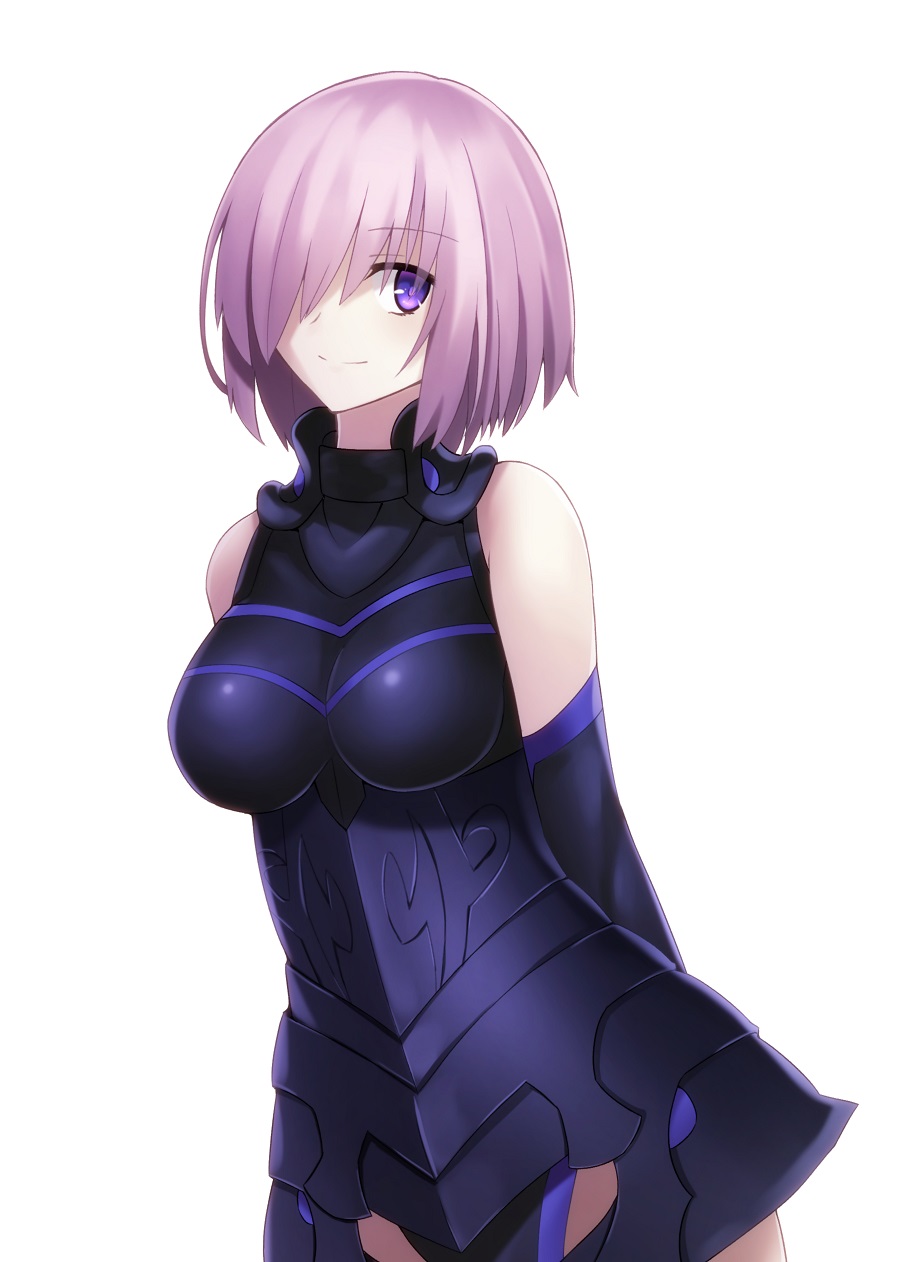 1girl armor arms_behind_back bare_shoulders breasts detached_sleeves fate/grand_order fate/stay_night fate_(series) hair_over_one_eye highres large_breasts looking_at_viewer minamina shielder_(fate/grand_order) short_hair silver_hair smile solo violet_eyes