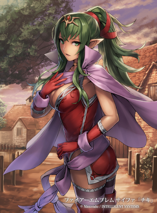 1girl ass boots breasts cape chiki cleavage copyright_name fire_emblem fire_emblem:_kakusei fire_emblem_cipher gloves green_eyes green_hair mismi official_art pointy_ears ponytail solo thigh-highs tiara