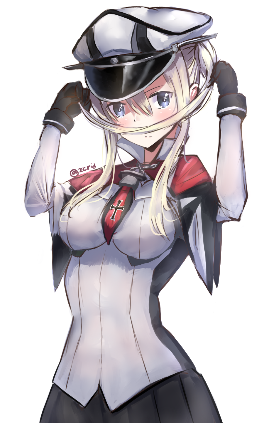 1girl blonde_hair blue_eyes breasts capelet fake_mustache gloves graf_zeppelin_(kantai_collection) hat highres i.f.s.f kantai_collection long_hair looking_at_viewer peaked_cap solo twintails