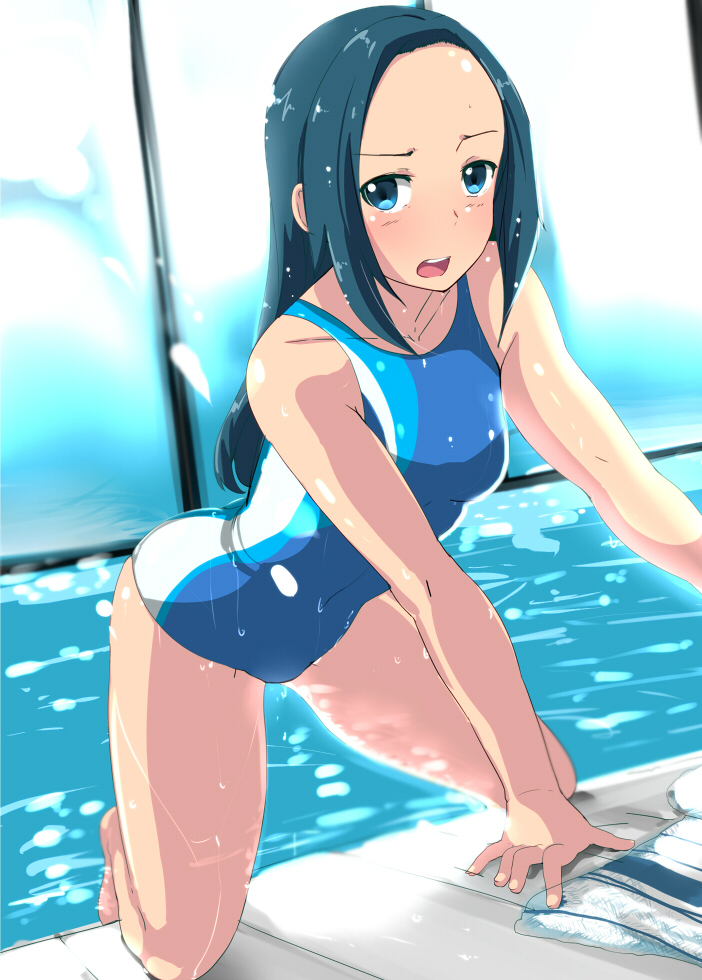 1girl blue_eyes blue_hair breasts competition_swimsuit long_hair looking_at_viewer mizusawa_aoi monster_strike one-piece_swimsuit open_mouth pool smile solo soo swimsuit towel water wet