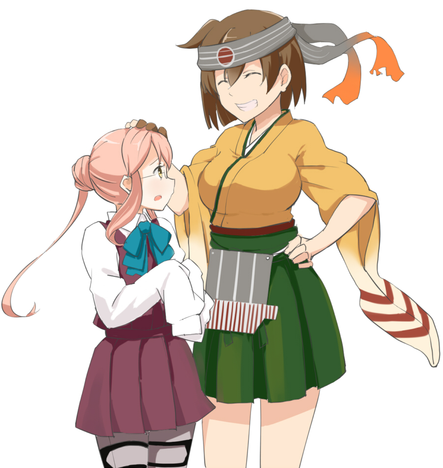 2girls brown_hair chocotto715 closed_eyes glasses hachimaki hair_bun hand_on_another's_head headband hiryuu_(kantai_collection) japanese_clothes kantai_collection long_hair long_sleeves makigumo_(kantai_collection) multiple_girls one_side_up open_mouth pantyhose pink_hair remodel_(kantai_collection) school_uniform short_hair sleeves_past_wrists smile