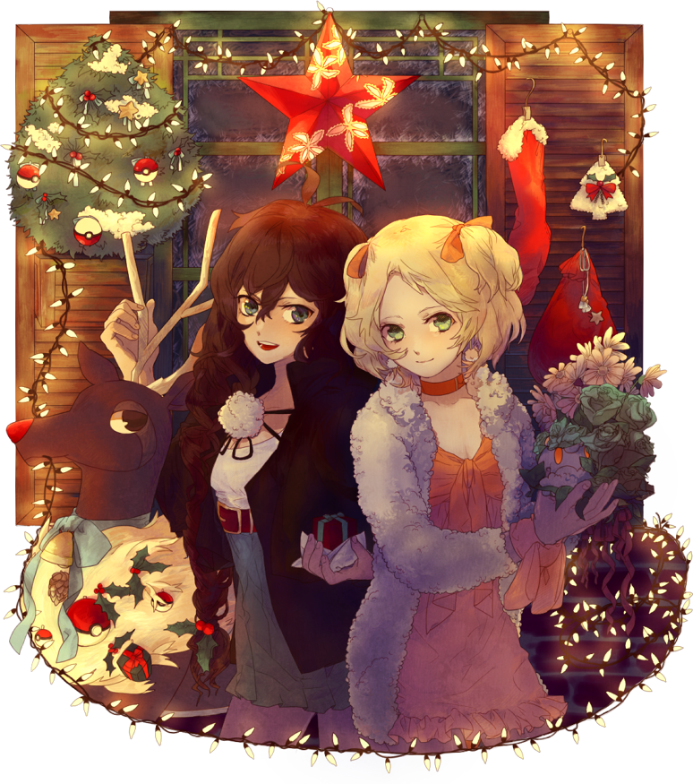 2girls :d alternate_costume alternate_hairstyle antenna_hair bag bangs bel_(pokemon) bell blonde_hair blue_eyes blue_ribbon bow box braid breasts brick brown_hair cable character_request choker christmas_ornaments cleavage closed_mouth dress emje_(uncover) flower fur_coat gift gift_box glass green_eyes hair_between_eyes hair_over_shoulder hair_ribbon holding holding_flower indoors jacket lamp long_hair looking_at_viewer miniskirt mistletoe multiple_girls open_mouth orange_bow orange_dress orange_ribbon poke_ball pokemon pokemon_(creature) pokemon_(game) pokemon_bw pom_pom_(clothes) ribbon sawsbuck skirt small_breasts smile socks star swept_bangs teeth touko_(pokemon) two_side_up very_long_hair window winter wood
