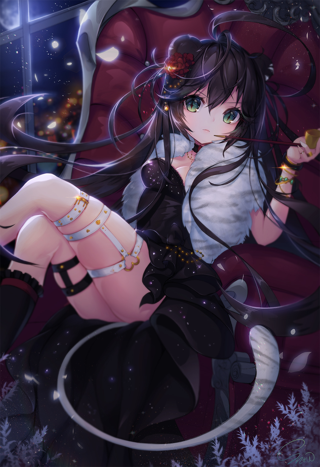 1girl black_hair breasts cat_tail cleavage collar diamond-shaped_pupils green_eyes highres indoors long_hair looking_at_viewer moon original sitting snow_is_ solo symbol-shaped_pupils tail