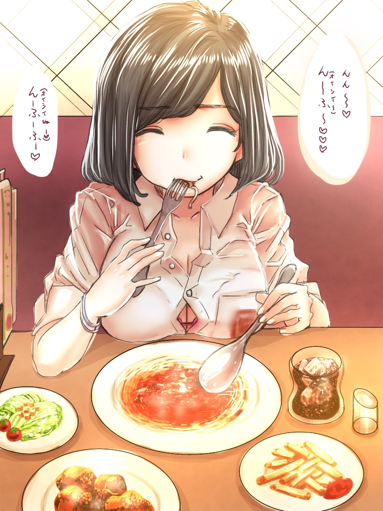 black_hair bra bracelet breast_rest breasts cherry_tomato cleavage closed_eyes eating food fork french_fries glass ice_cube jewelry noodles original plate restaurant school_uniform soda souryu spoon underwear