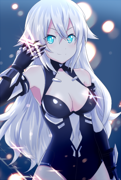 1girl bare_shoulders black_heart blue_eyes breasts cleavage gloves long_hair looking_at_viewer neptune_(series) noire shiyano solo symbol-shaped_pupils very_long_hair white_hair
