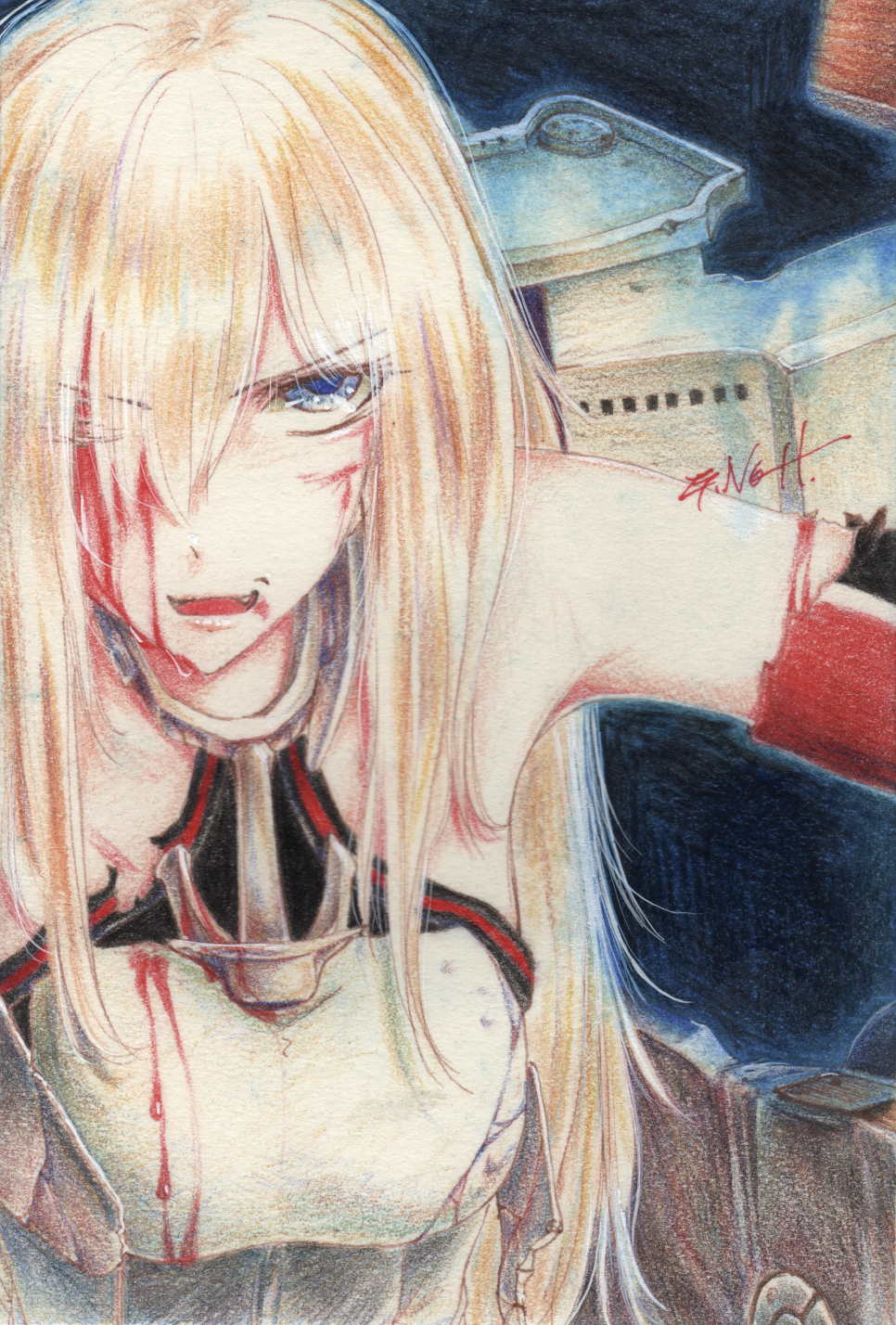1girl armpits bismarck_(kantai_collection) blonde_hair blood blood_on_face bloody_clothes blue_eyes detached_sleeves fang highres injury kantai_collection long_hair millipen_(medium) one_eye_closed open_mouth scratches serious signature solo tesun_(g_noh) traditional_media upper_body watercolor_pencil_(medium)