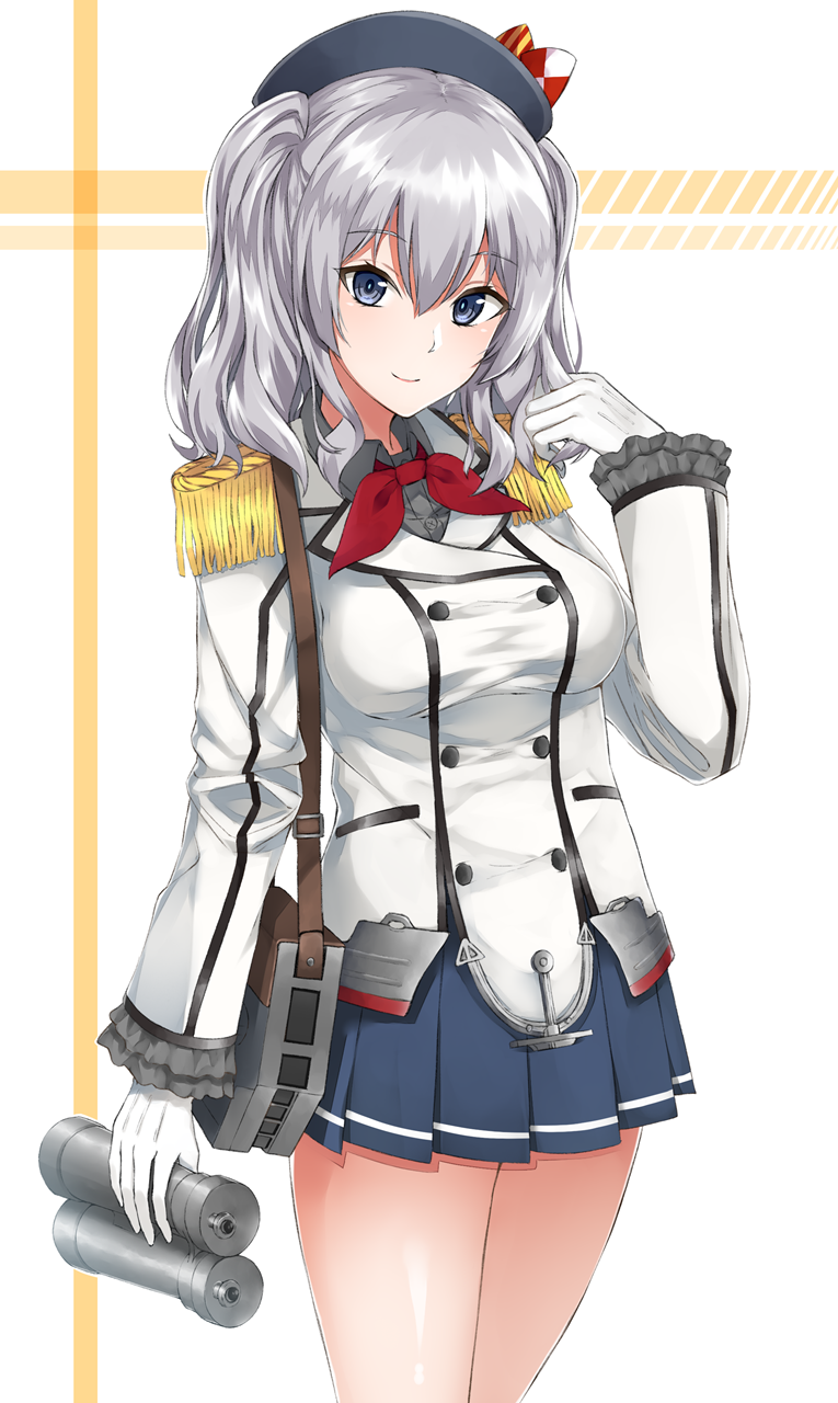 1girl blue_eyes breasts epaulettes gen_(gen_7254) gloves hat highres kantai_collection kashima_(kantai_collection) looking_at_viewer military military_uniform silver_hair smile solo twintails uniform