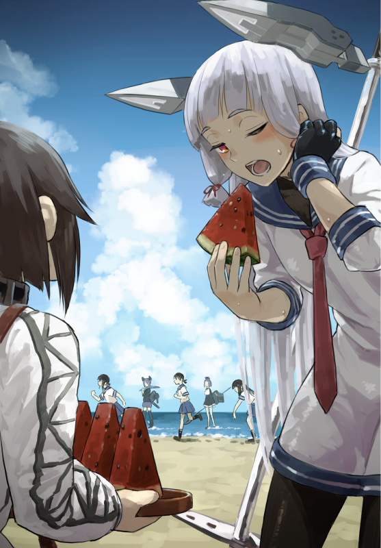 6+girls bangs beach black_gloves black_hair black_legwear blue_hair blunt_bangs brown_eyes clouds eating food fruit fubuki_(kantai_collection) gloves hair_ribbon hair_tucking hatsuyuki_(kantai_collection) hayasui_(kantai_collection) headgear jacket kantai_collection leaning_forward long_hair multiple_girls murakumo_(kantai_collection) nathaniel_pennel necktie ocean one_eye_closed open_mouth pantyhose ribbon sailor_dress shirayuki_(kantai_collection) short_hair single_glove tatsuta_(kantai_collection) tenryuu_(kantai_collection) thigh-highs track_jacket tray tress_ribbon very_long_hair watermelon