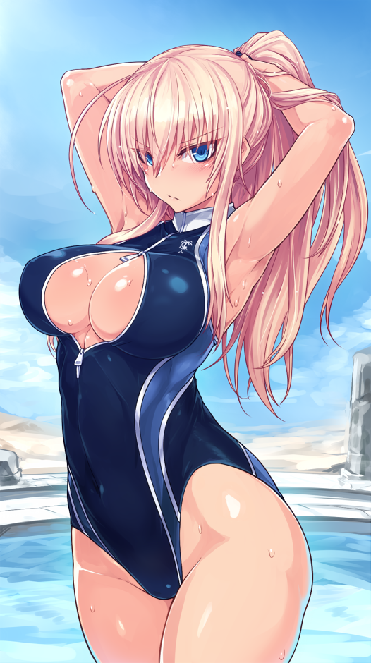 1girl adjusting_hair armpits arms_up blonde_hair blue_eyes blush breasts cleavage cleavage_cutout covered_navel front_zipper_swimsuit hanna-justina_marseille large_breasts long_hair looking_at_viewer null_(nyanpyoun) one-piece_swimsuit ponytail pool solo strike_witches swimsuit tying_hair wet