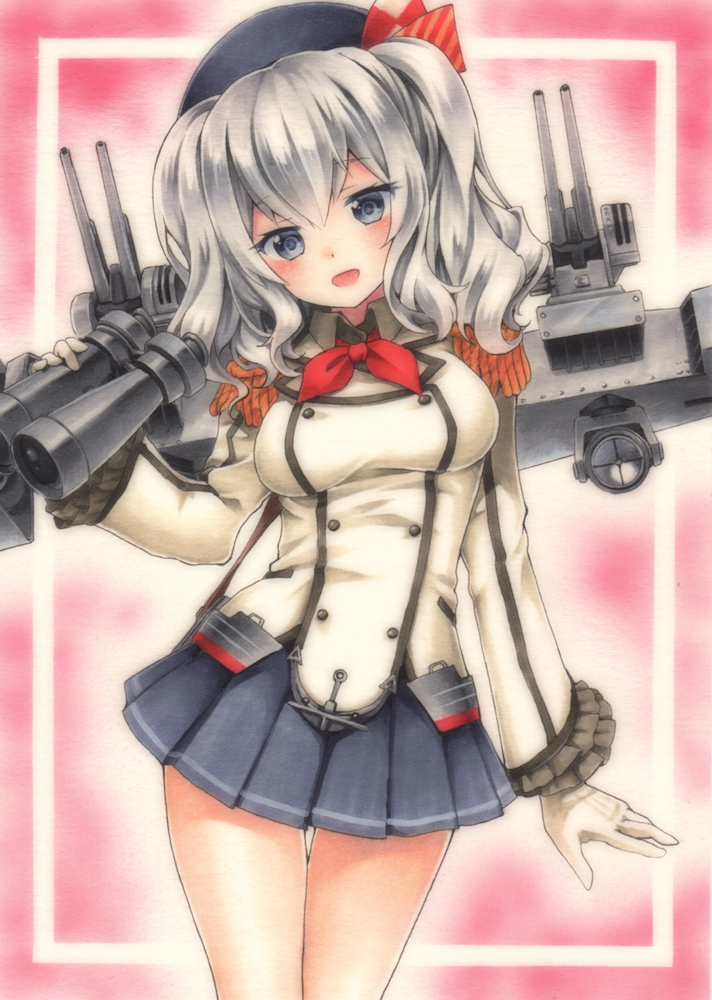 1girl binoculars cannon cowboy_shot funnyfunny gloves grey_eyes hat head_tilt kantai_collection kashima_(kantai_collection) long_hair long_sleeves looking_at_viewer marker military military_uniform open_mouth shirt silver_hair skirt smile solo thighs traditional_media twintails uniform white_gloves