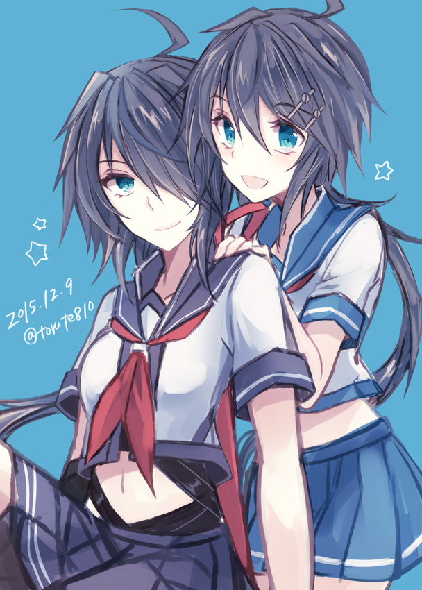 2girls :d ahoge bandages black_hair blue_background blue_eyes blue_skirt crop_top dated dual_persona hair_ornament hair_over_one_eye hairclip hands_on_another's_shoulders kabocha_torute kako_(kantai_collection) kantai_collection midriff multiple_girls navel neckerchief open_mouth pleated_skirt ponytail sailor_collar school_uniform serafuku skirt smile