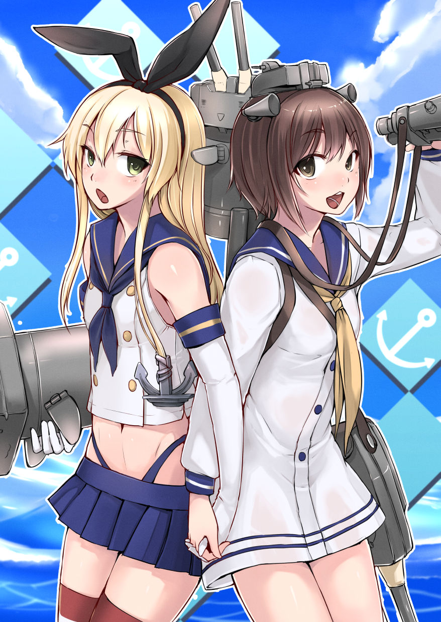 2girls :d anchor_hair_ornament back-to-back binoculars blush commentary_request groin hair_ornament hairband headgear highleg highleg_panties highres holding_hands kantai_collection looking_at_another miniskirt multiple_girls navel neckerchief ocean open_mouth panties pleated_skirt rensouhou-chan ryou@ryou school_uniform serafuku shimakaze_(kantai_collection) skirt smile striped striped_legwear thigh-highs underwear yukikaze_(kantai_collection)