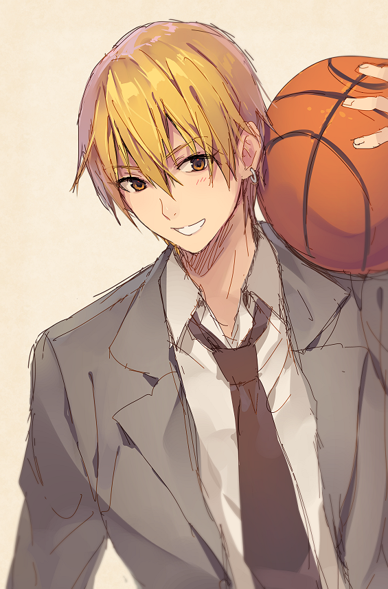 1boy ball basketball beige_background blonde_hair brown_eyes brown_necktie character_request earrings grey_jacket hair_between_eyes holding holding_ball jacket jewelry kuroko_no_basuke looking_at_viewer natsu_natsuna necktie parted_lips shirt smile solo white_shirt