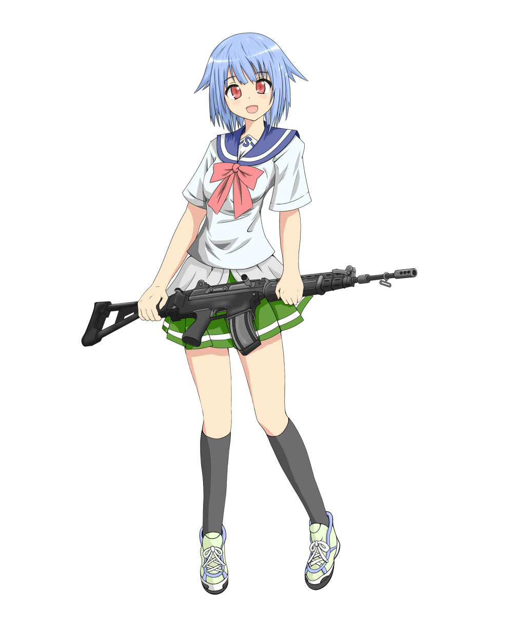 1girl :d assault_rifle black_legwear fn_fnc fnc_(upotte!!) gun highres kneehighs laces looking_at_viewer open_mouth red_eyes rifle school_uniform serafuku shio_(pixiv1579034) shoes simple_background skirt smile solo upotte!! weapon white_background