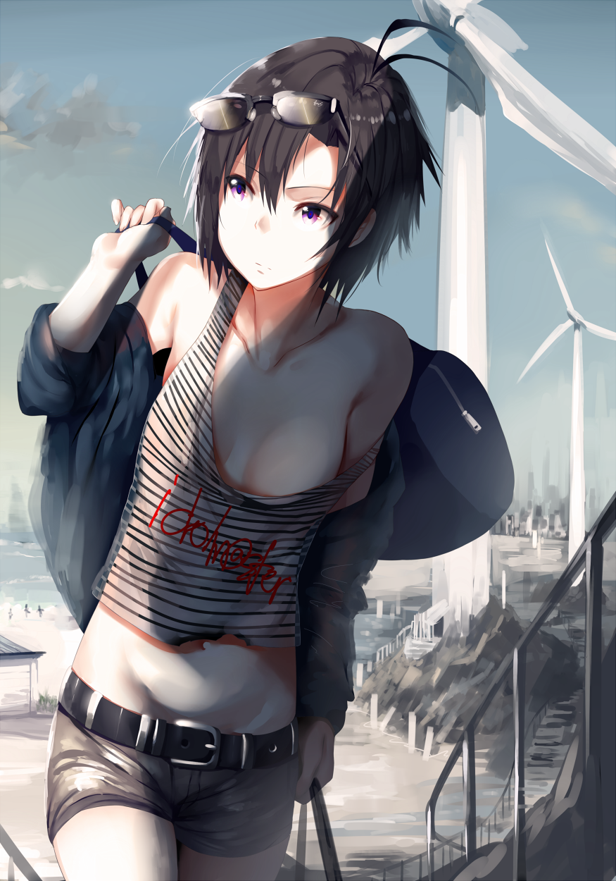 1girl antenna_hair belt black_hair hews_hack highres idolmaster kikuchi_makoto short_hair solo striped_tank_top sunglasses sunglasses_on_head violet_eyes