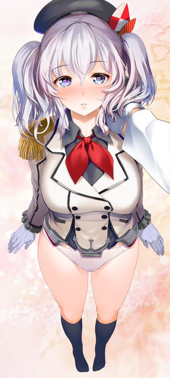 1girl blue_eyes blush breasts hand_on_another's_face hat heart heart-shaped_pupils highres kantai_collection kashima_(kantai_collection) looking_at_viewer military military_uniform nylon panties pov solo solo_focus symbol-shaped_pupils twintails underwear uniform