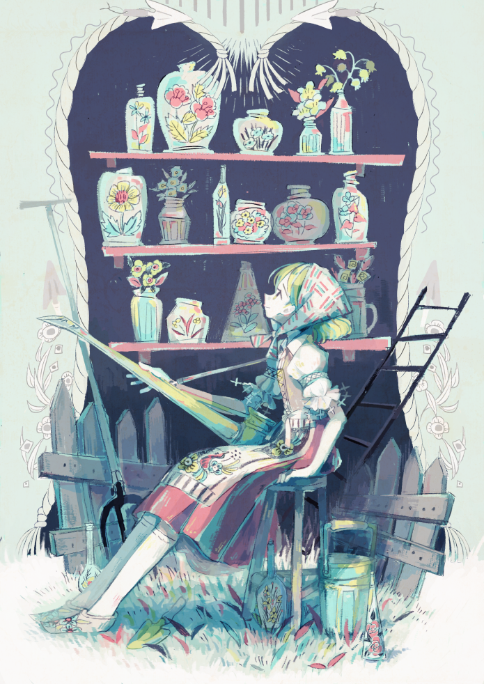 1girl apron bandana blonde_hair bottle bucket fence floral_print flower from_side grass kneehighs ladder looking_up muted_color original pitchfork profile red_skirt shelf shoes short_sleeves sitting skirt smile solo somemachi stool traditional_clothes vase watering_can white_legwear wooden_fence