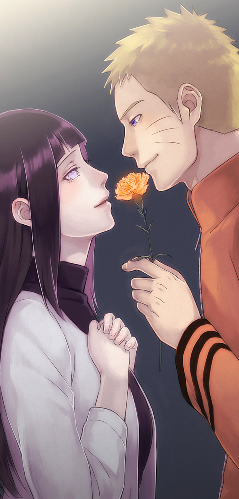 1boy 1girl bangs black_hair blonde_hair blunt_bangs closed_mouth couple eye_contact flower from_side gift hal_(sakurajam) hands_on_own_chest hands_together hetero holding holding_flower hyuuga_hinata long_hair long_sleeves looking_at_another naruto parted_lips purple_hair smile turtleneck uzumaki_naruto violet_eyes whiskers zipper